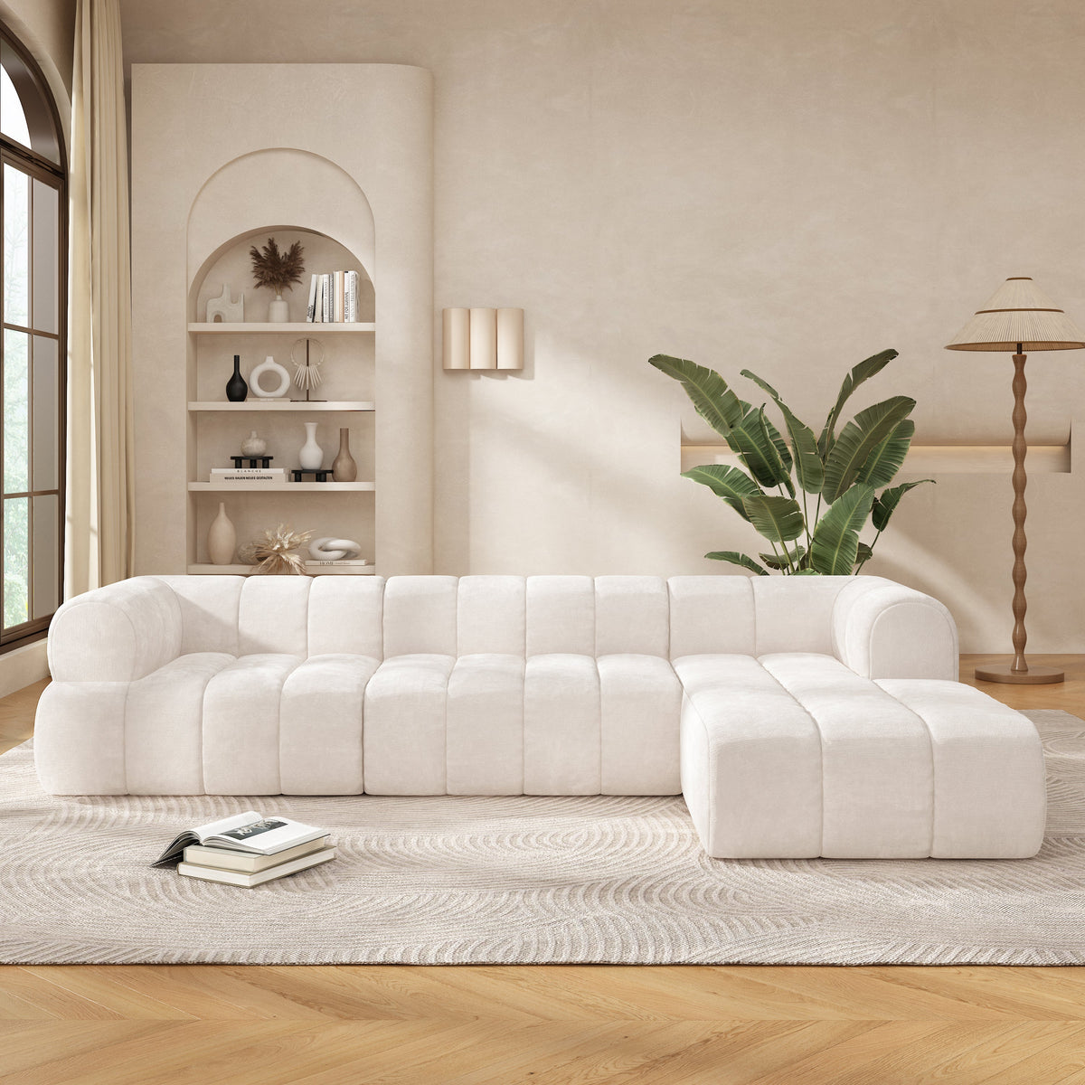 122-inch modern L-shaped sectional sofa with chaise in beige fabric by HouseOfZazla on Tampa Home & Garden Store