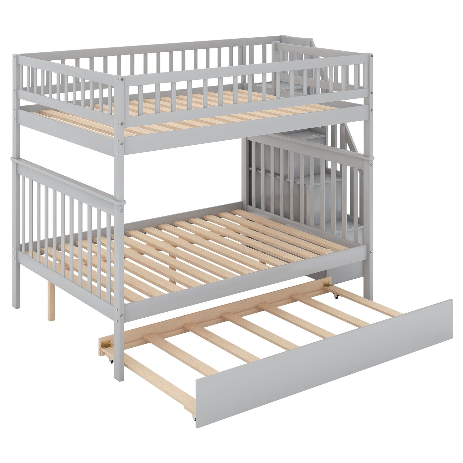 Bunk Bed With Staircase by HouseOfZazla, gray frame with top rails and built-in side stairs on Tampa Home & Garden Store