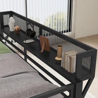 Queen over Queen bunk bed with ladder and storage shelf in black metal finish on Tampa Home & Garden Store