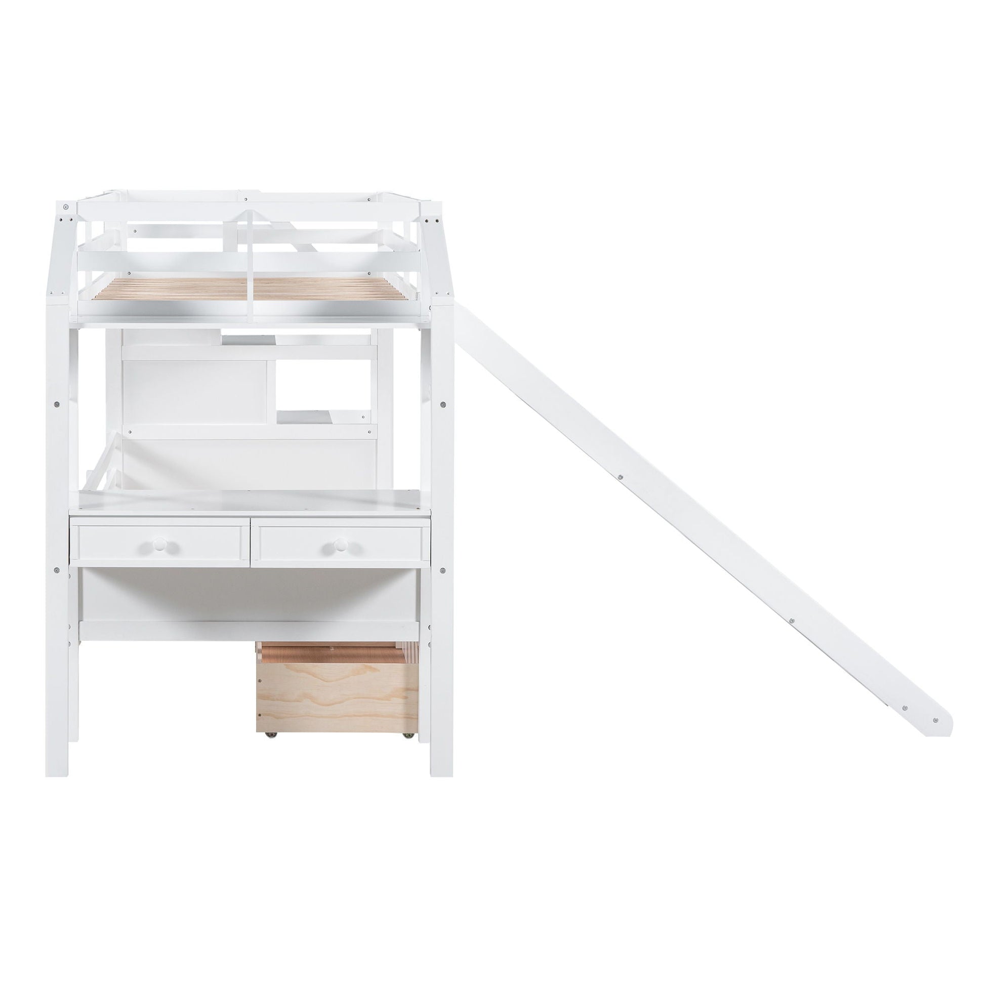 White bunk bed with storage staircase, slide, desk, drawers and shelves by HouseOfZazla on Tampa Home & Garden Store