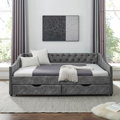 Upholstered Tufted Daybed With Drawers Waved Arms