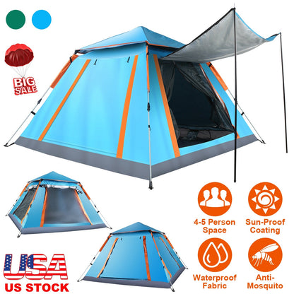 GemGear 4-5 Person Camping Tent blue with orange trim, waterproof fabric and mosquito nets on Tampa Home & Garden Store