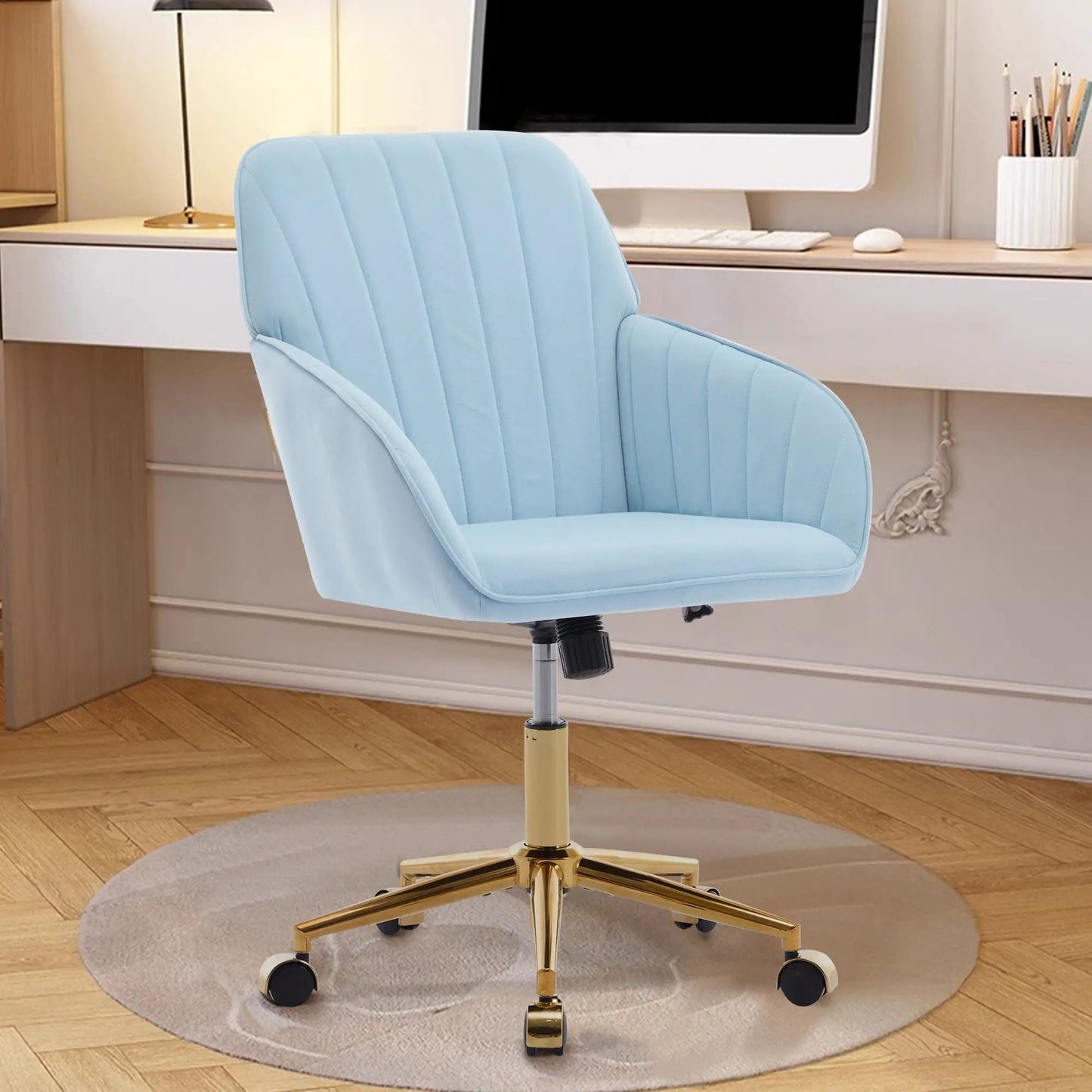 Adjustable ergonomic swivel chair in light blue with vertical stitch on Tampa Home & Garden Store on Tampa Home & Garden Store