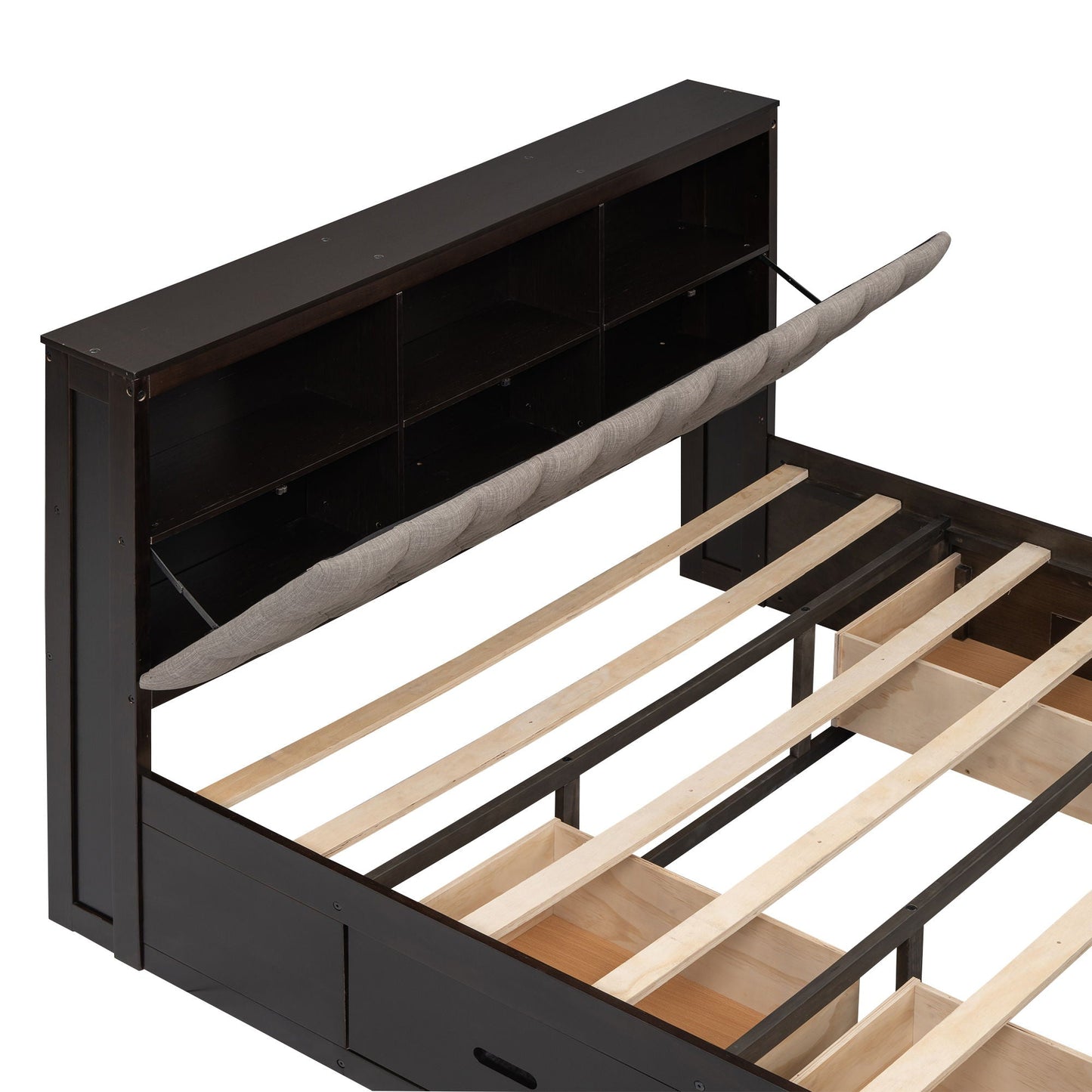 Platform bed with storage headboard and built-in shoe rack and 4 drawers in dark wood finish on Tampa Home & Garden Store
