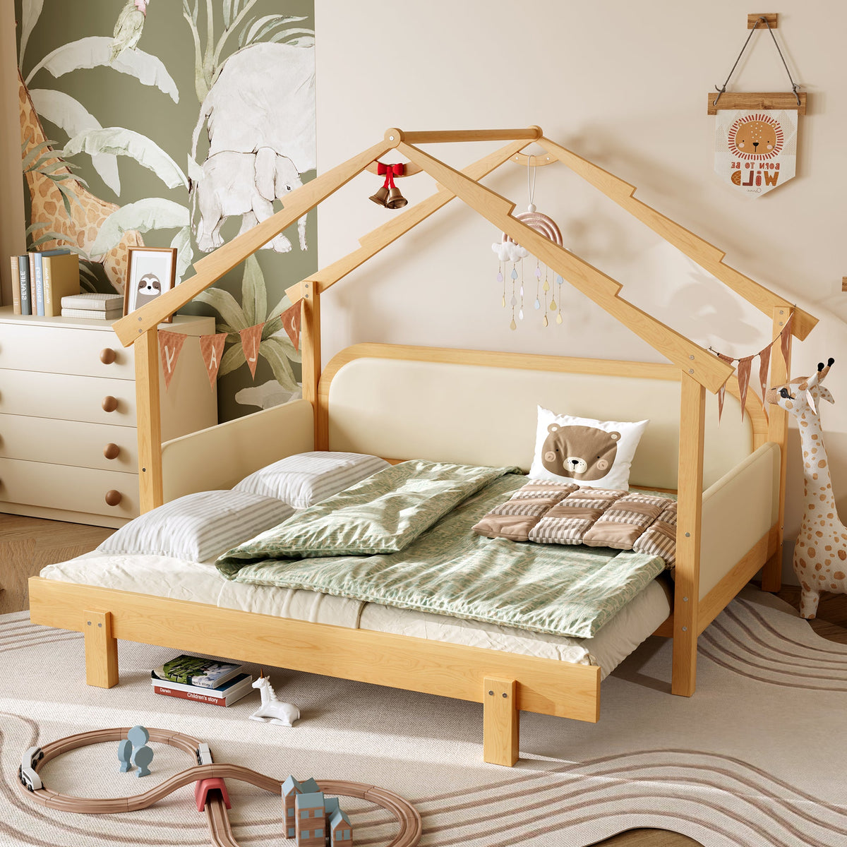 Twin Size Wood Treehouse Bed with Soft Cushion Rails in natural wood by HouseOfZazla on Tampa Home & Garden Store
