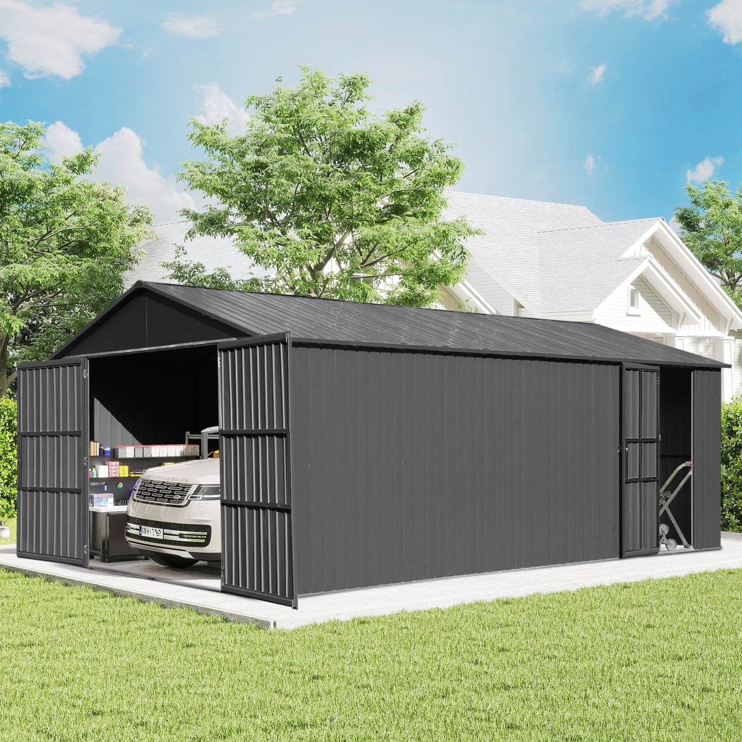 12x15FT outdoor metal garage shed in black with corrugated panels; doors open to reveal car on Tampa Home & Garden Store