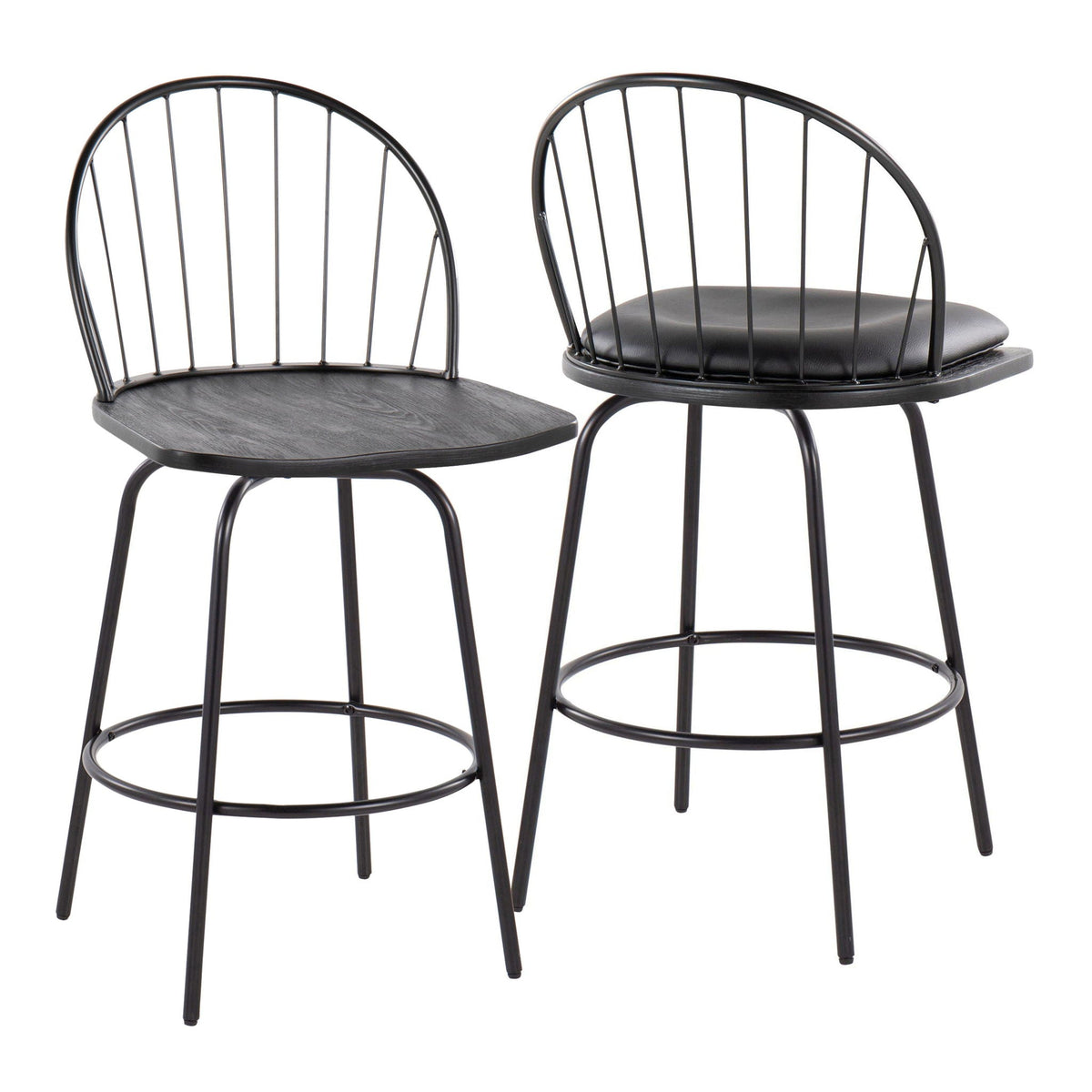 Farmhouse counter stool set with swivel, black metal frame, round footrests, two stools on Tampa Home & Garden Store