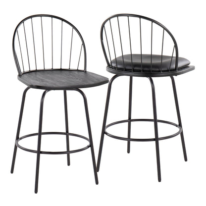 Farmhouse counter stool set with swivel, black metal frame, round footrests, two stools on Tampa Home & Garden Store