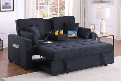 Convertible sleeper loveseat with center cup holder in dark gray fabric on Tampa Home & Garden Store
