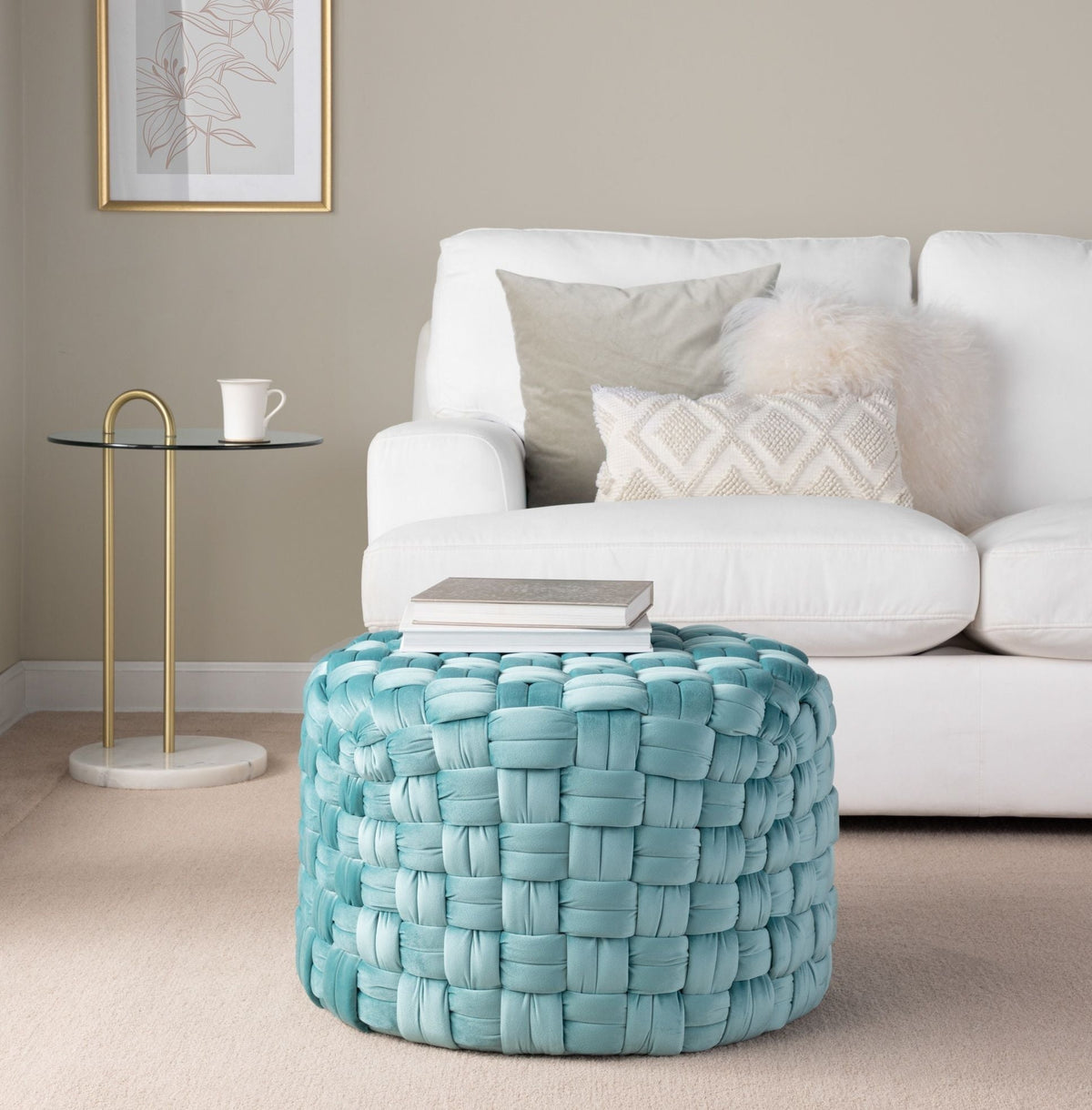 Braided round turquoise accent ottoman with woven texture for versatile seating in living room on Tampa Home & Garden Store