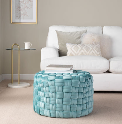 Braided round turquoise accent ottoman with woven texture for versatile seating in living room on Tampa Home & Garden Store