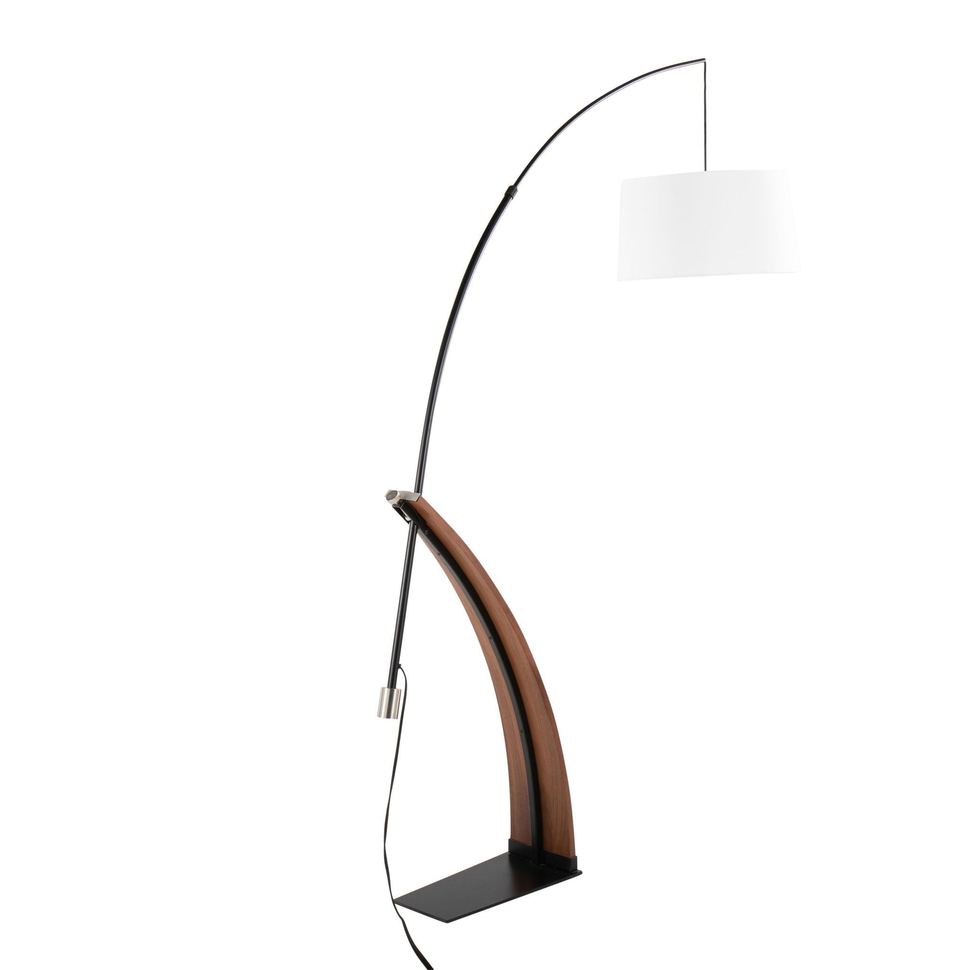 Robyn mid-century floor lamp by HouseOfZazla with black arc, white shade, wood accent on arc on Tampa Home & Garden Store
