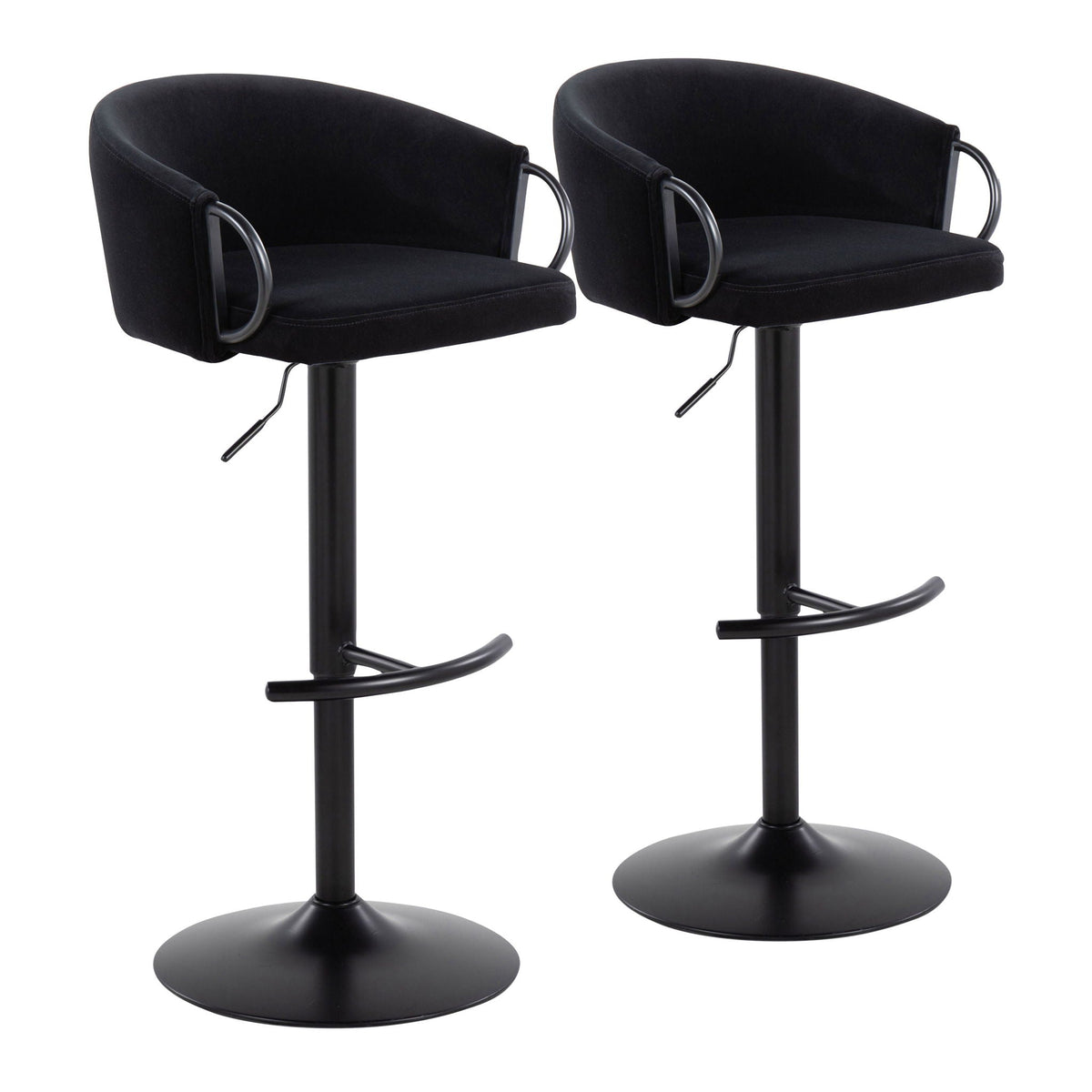 Adjustable swivel barstool set in black fabric with rounded T-footrests, pair on pedestal bases on Tampa Home & Garden Store