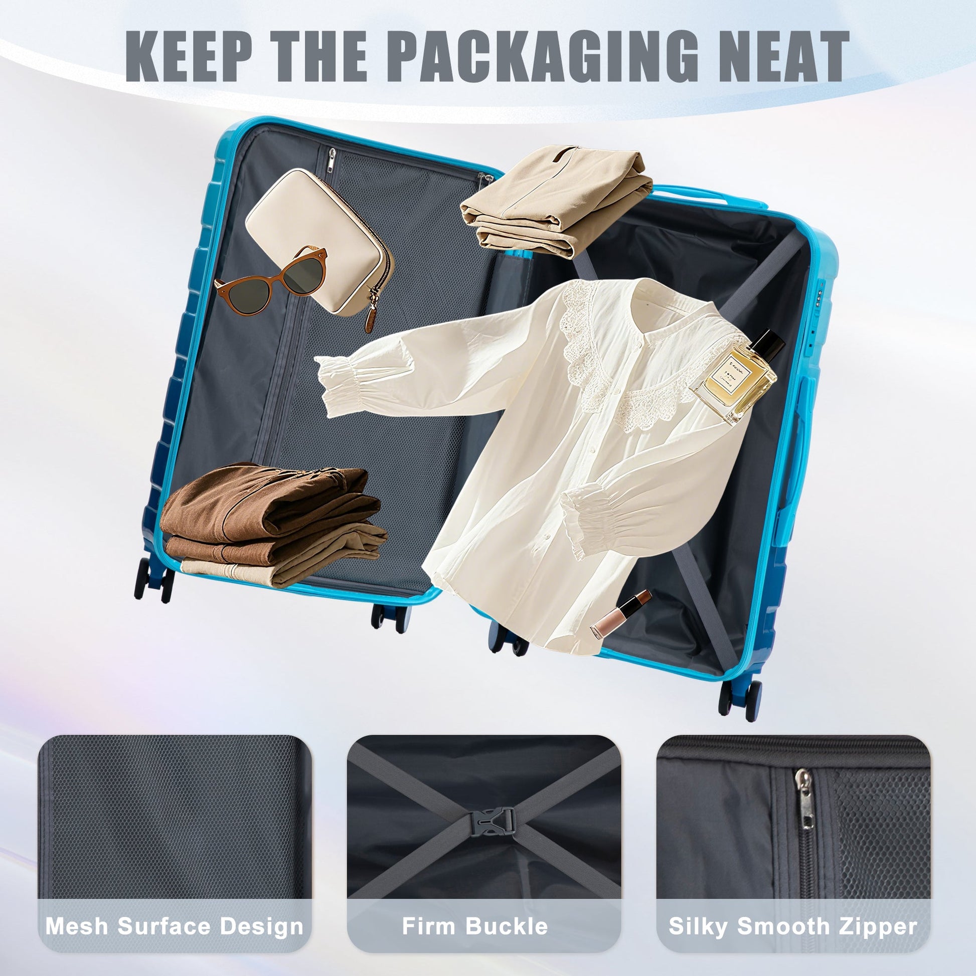 PC Spinner Wheel Luggage Set by HouseOfZazla teal hard case, open interior with clothes on Tampa Home & Garden Store