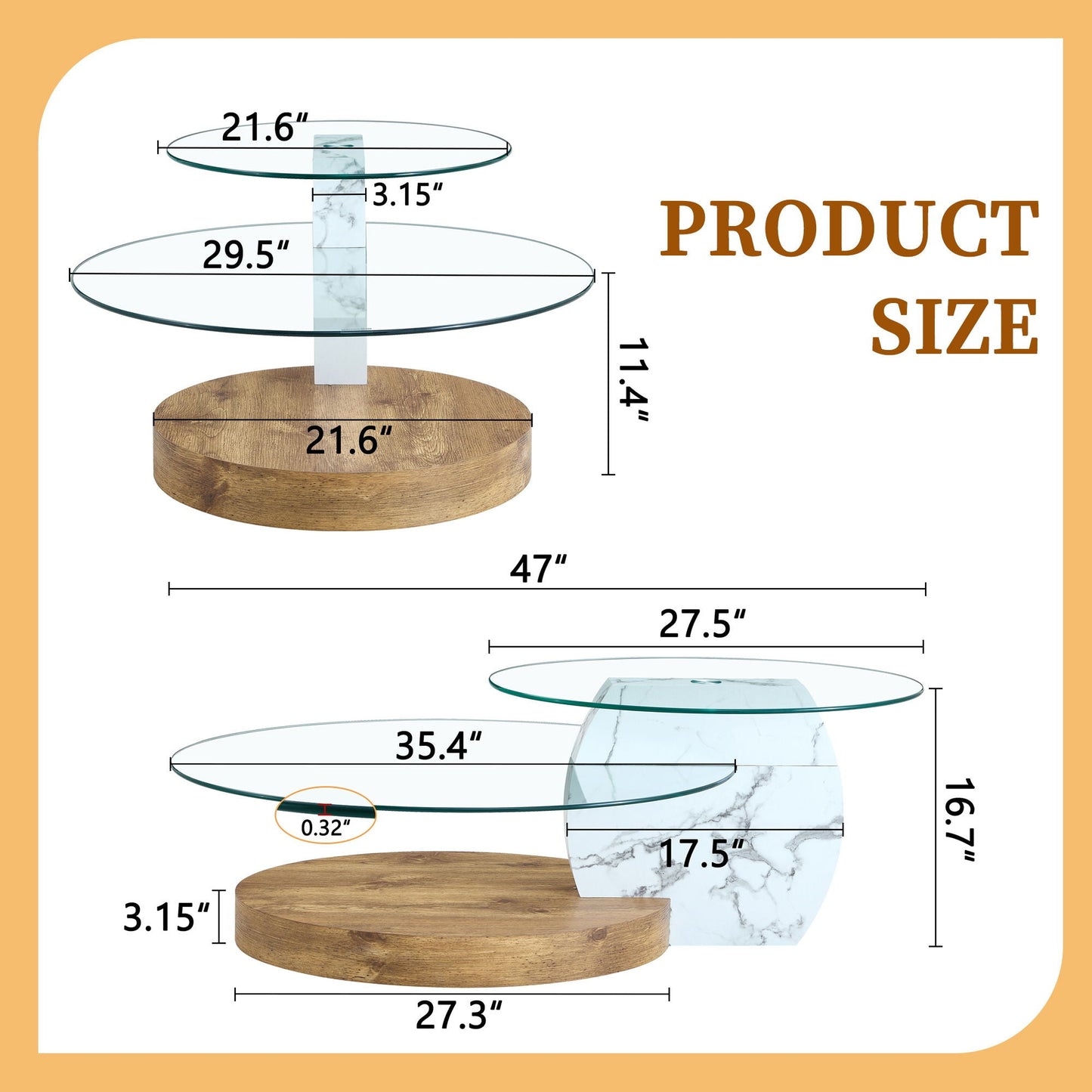 Contemporary artistic double-layer coffee table with tempered glass top and marble pillar on Tampa Home & Garden Store