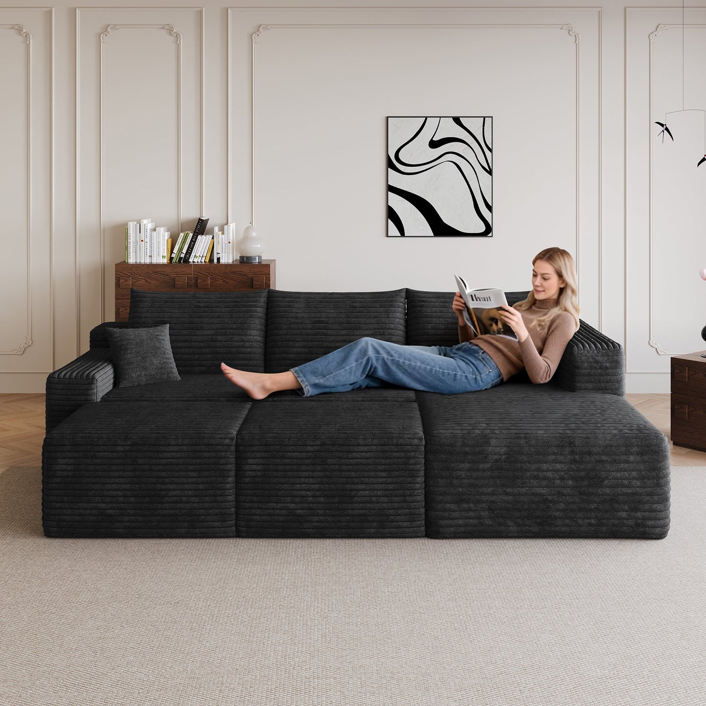 Plush Corduroy Cloud Sectional Sofa and Ottomans