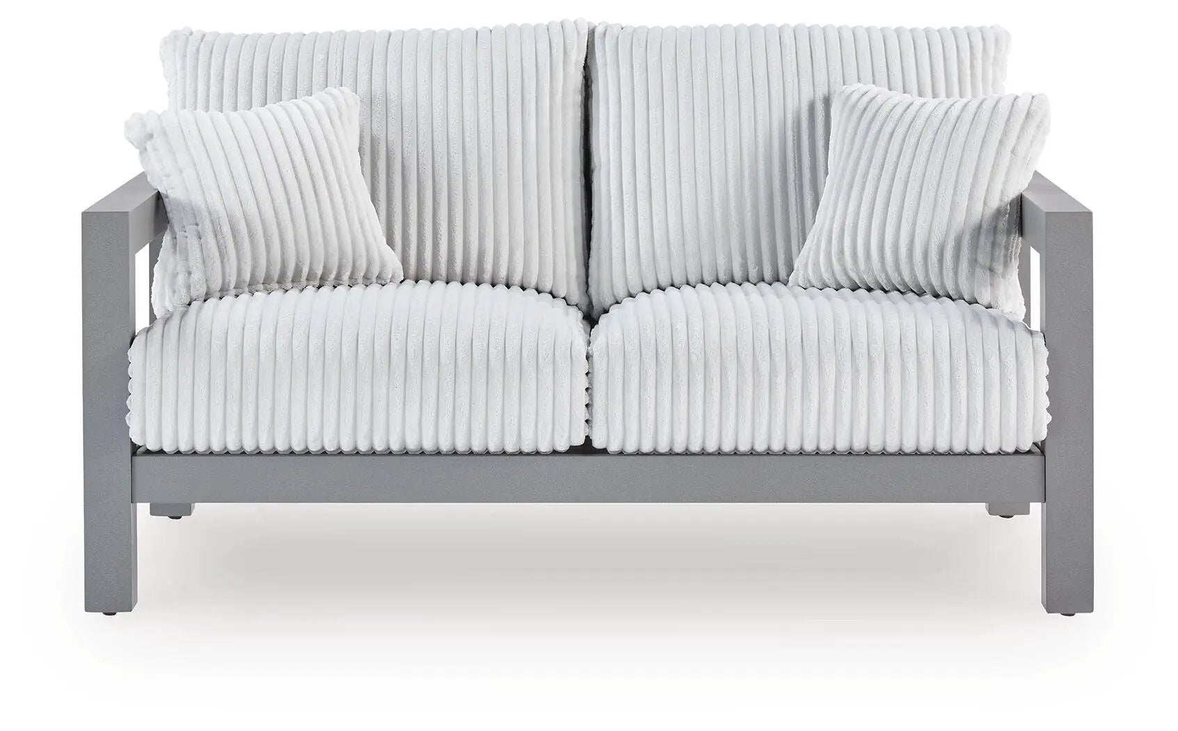 Hurley Park Loveseat with Cushions, gray metal frame and ribbed white cushions on Tampa Home & Garden Store