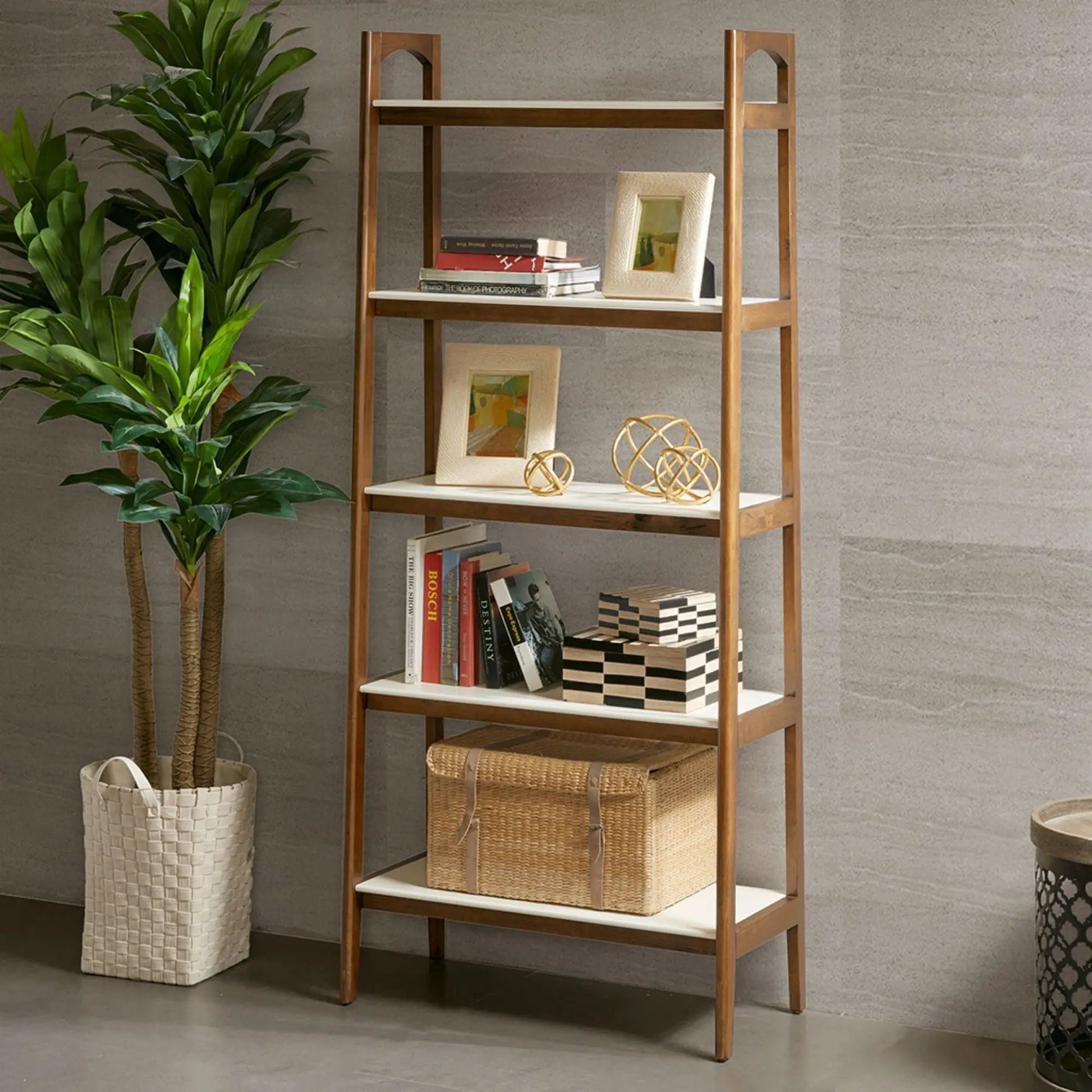 Mid-Century 5-shelf bookcase in off-white and pecan wood by Unique Piece Furniture on Tampa Home & Garden Store