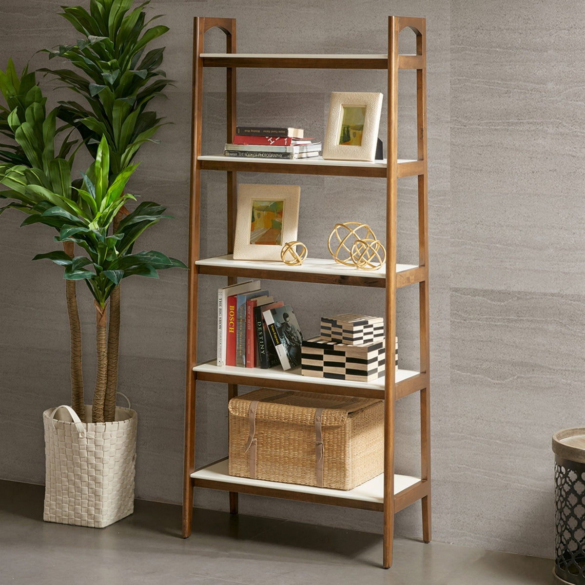 HouseOfZazla mid-century 5-shelf etagere bookcase with rubber wood frame in off-white pecan on Tampa Home & Garden Store