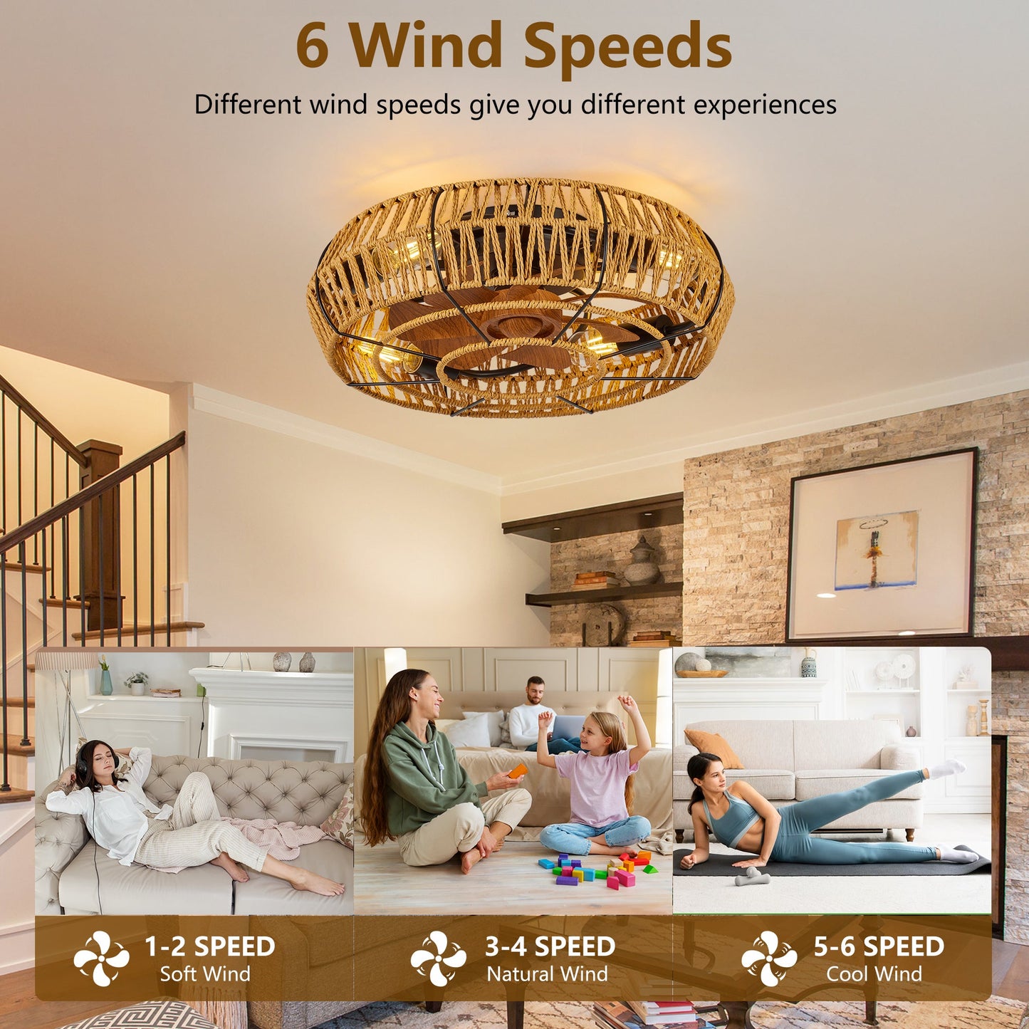 19in caged ceiling fan with lights and remote, natural rope weave, HouseOfZazla on Tampa Home & Garden Store