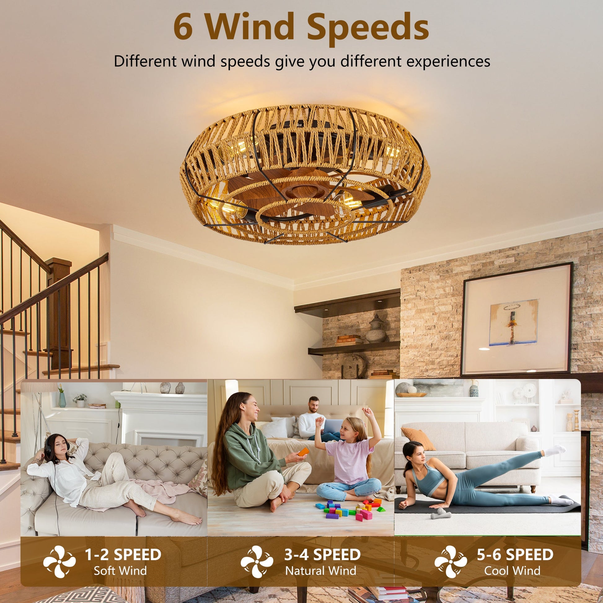 19in caged ceiling fan with lights and remote, natural rope weave, HouseOfZazla on Tampa Home & Garden Store