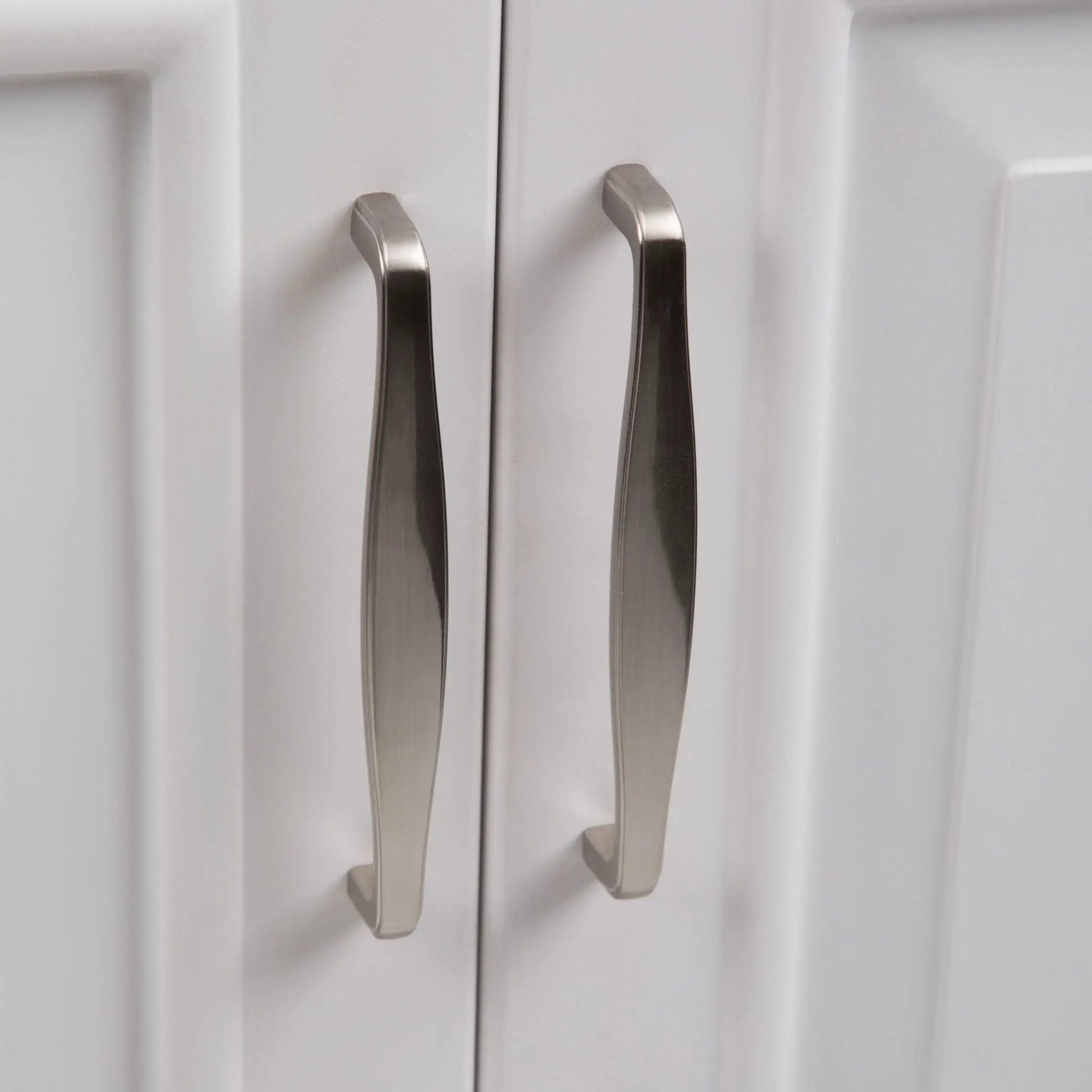 Darwin Deluxe Laundry Cabinet white vanity doors with brushed nickel pulls on Tampa Home & Garden Store