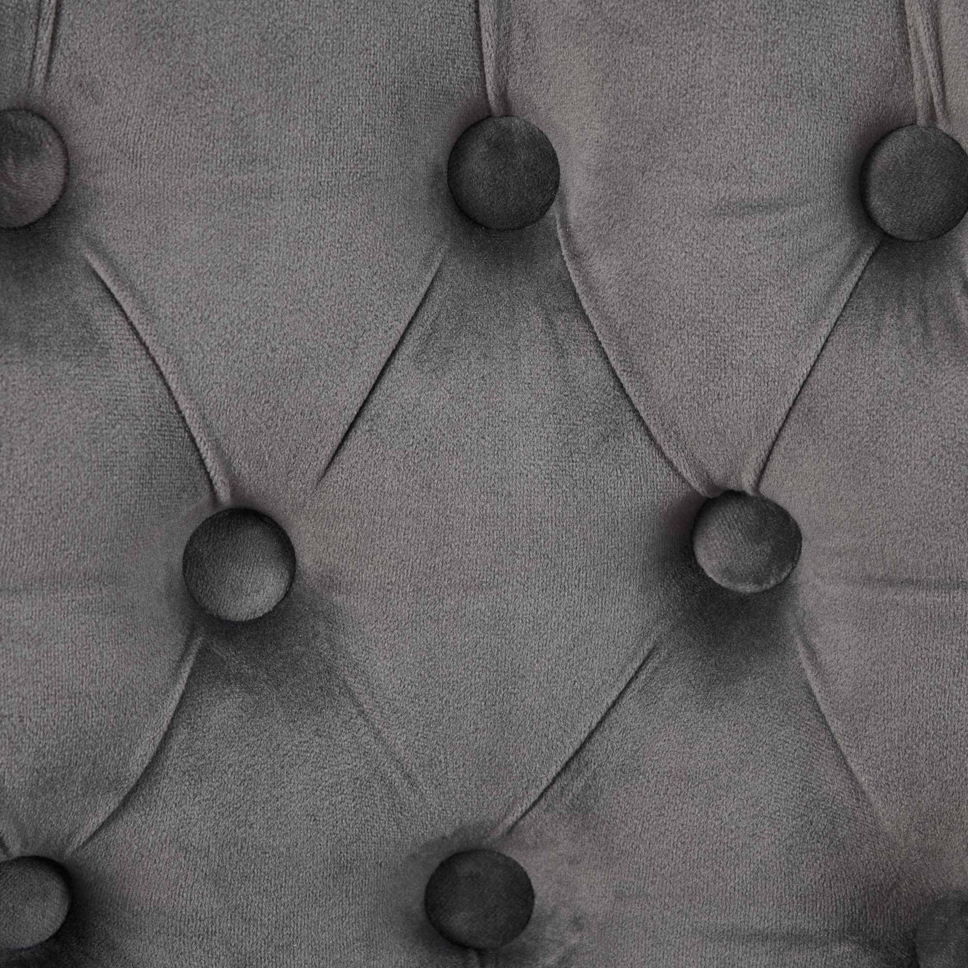 Counter stools gray velvet upholstery close-up with tufted button detail on Tampa Home & Garden Store