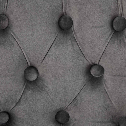 Counter stools gray velvet upholstery close-up with tufted button detail on Tampa Home & Garden Store