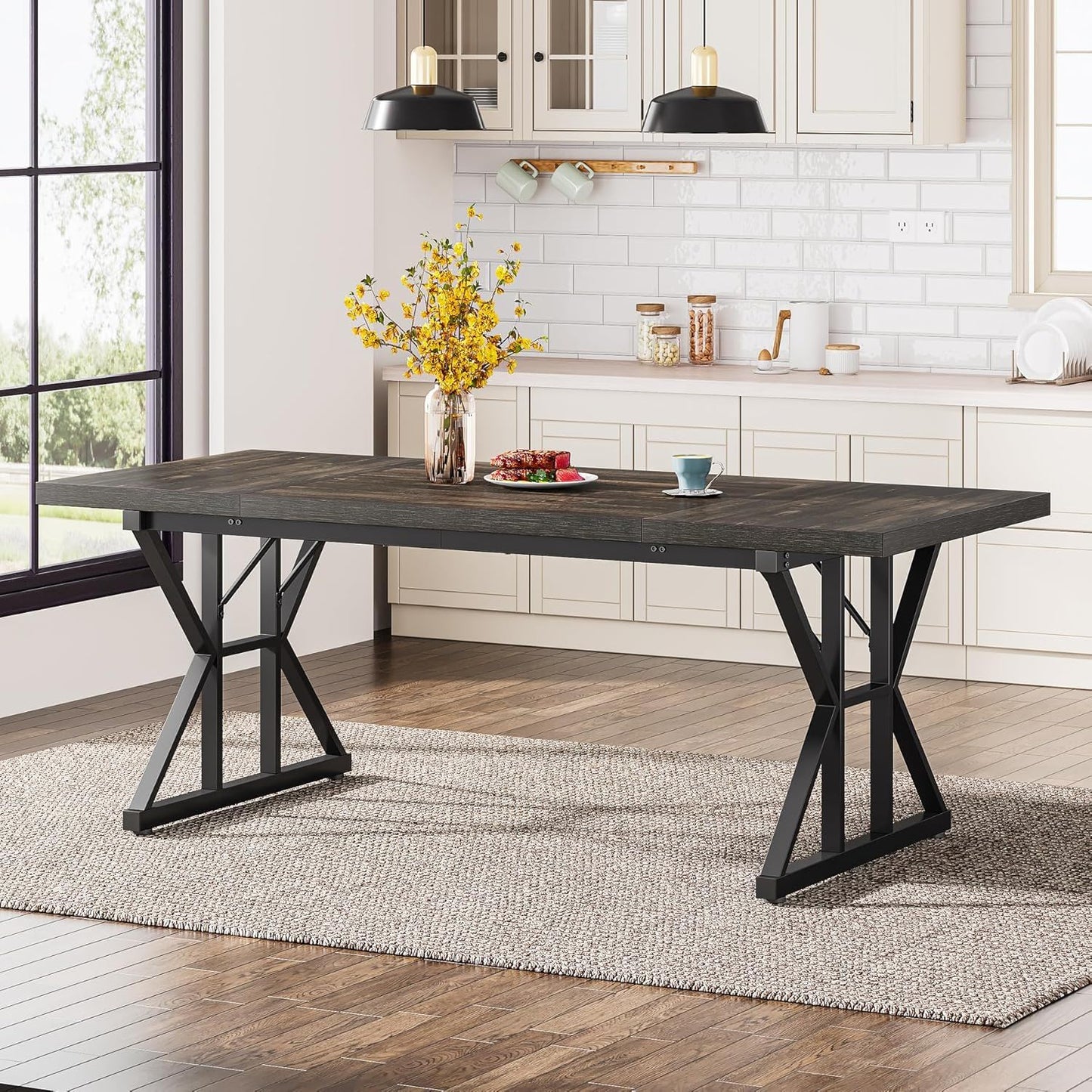 Rectangular dining table with black X-trestle metal legs and dark wood top HouseOfZazla on Tampa Home & Garden Store