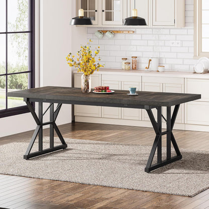 Rectangular dining table with black X-trestle metal legs and dark wood top HouseOfZazla on Tampa Home & Garden Store