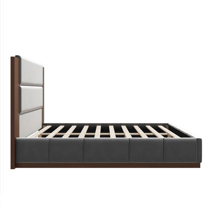 Modern upholstered platform bed with extended gray headboard and dark wood frame on Tampa Home & Garden Store