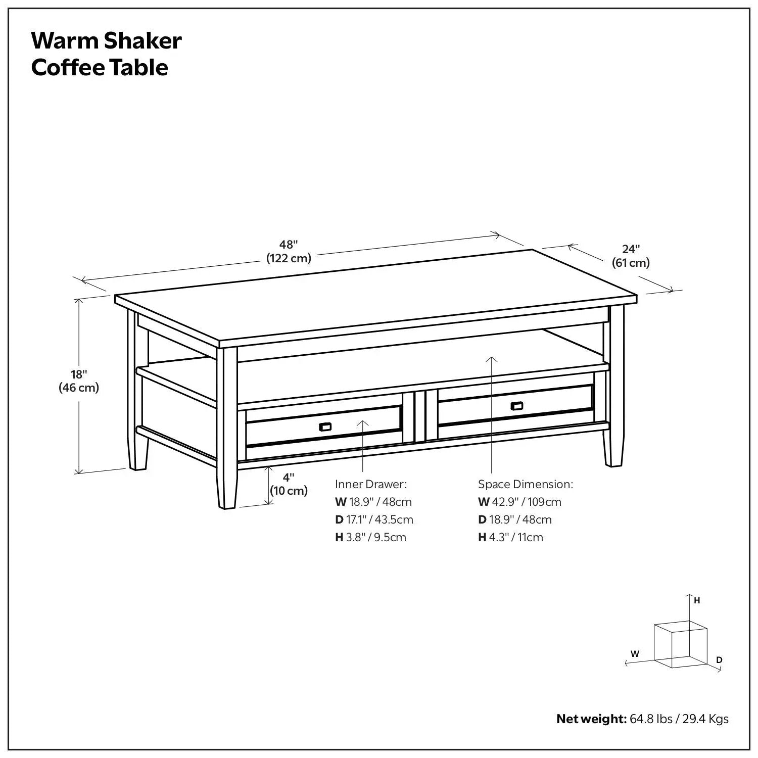 Warm Shaker Coffee Table by Unique Piece Furniture, wood with two drawers, 48x24x18 in on Tampa Home & Garden Store