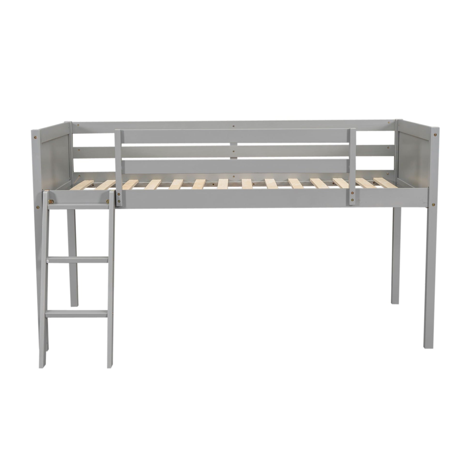 Low loft bed with adjustable ladder in gray metal frame and wood slat base on Tampa Home & Garden Store