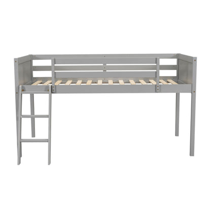 Low loft bed with adjustable ladder in gray metal frame and wood slat base on Tampa Home & Garden Store