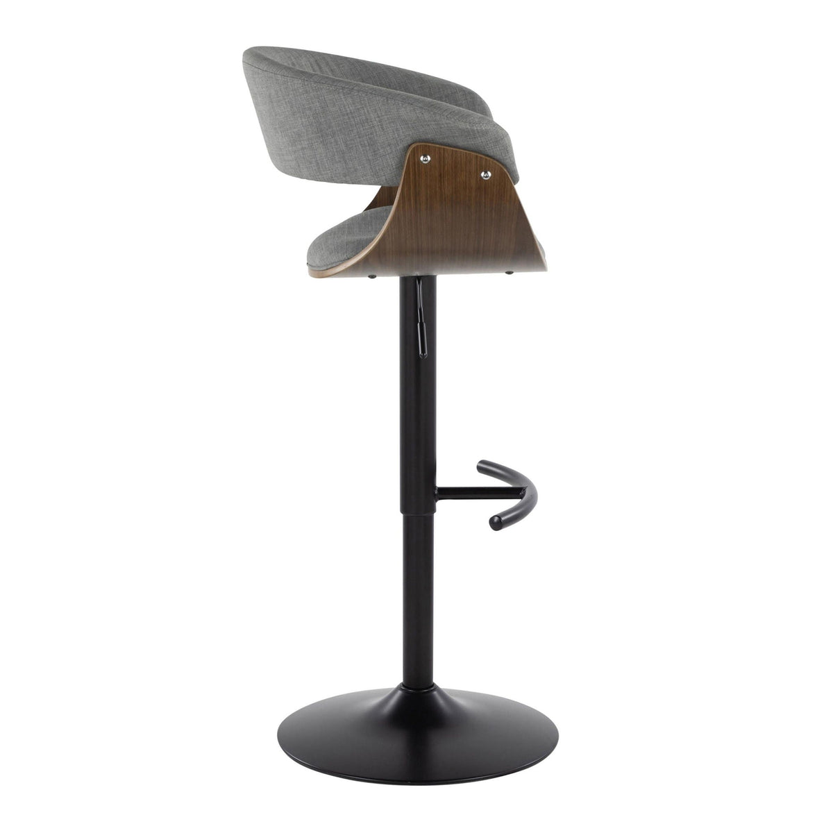 Mid Century Modern adjustable height gray fabric barstool with swivel and curved wood back on Tampa Home & Garden Store