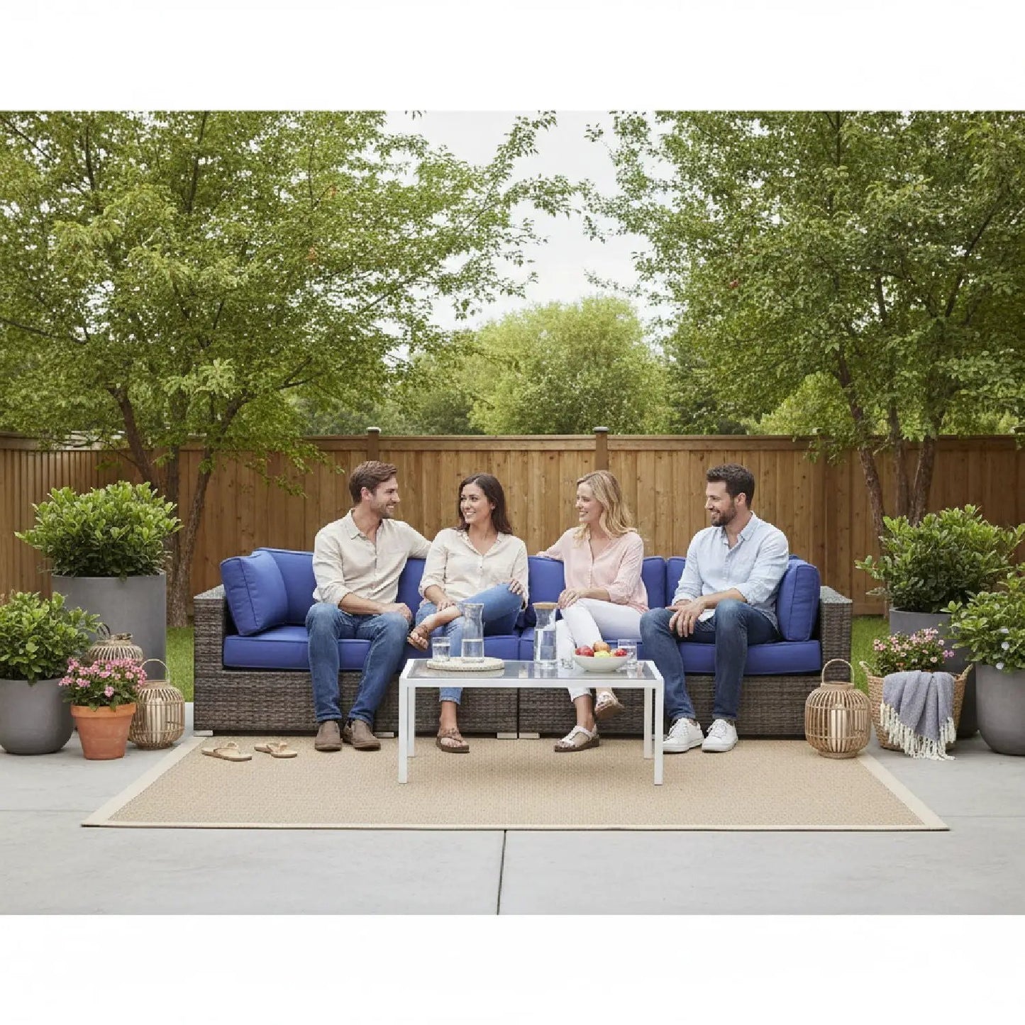 Luxurious wicker patio sectional with Sunbrella cushions, blue, 4-seat stationary on Tampa Home & Garden Store