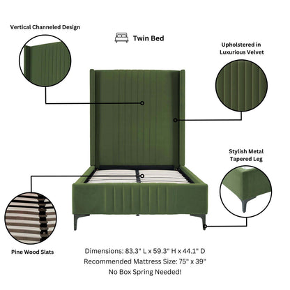 Promenade twin bed with green velvet upholstered headboard and pine slats by HouseOfZazla on Tampa Home & Garden Store