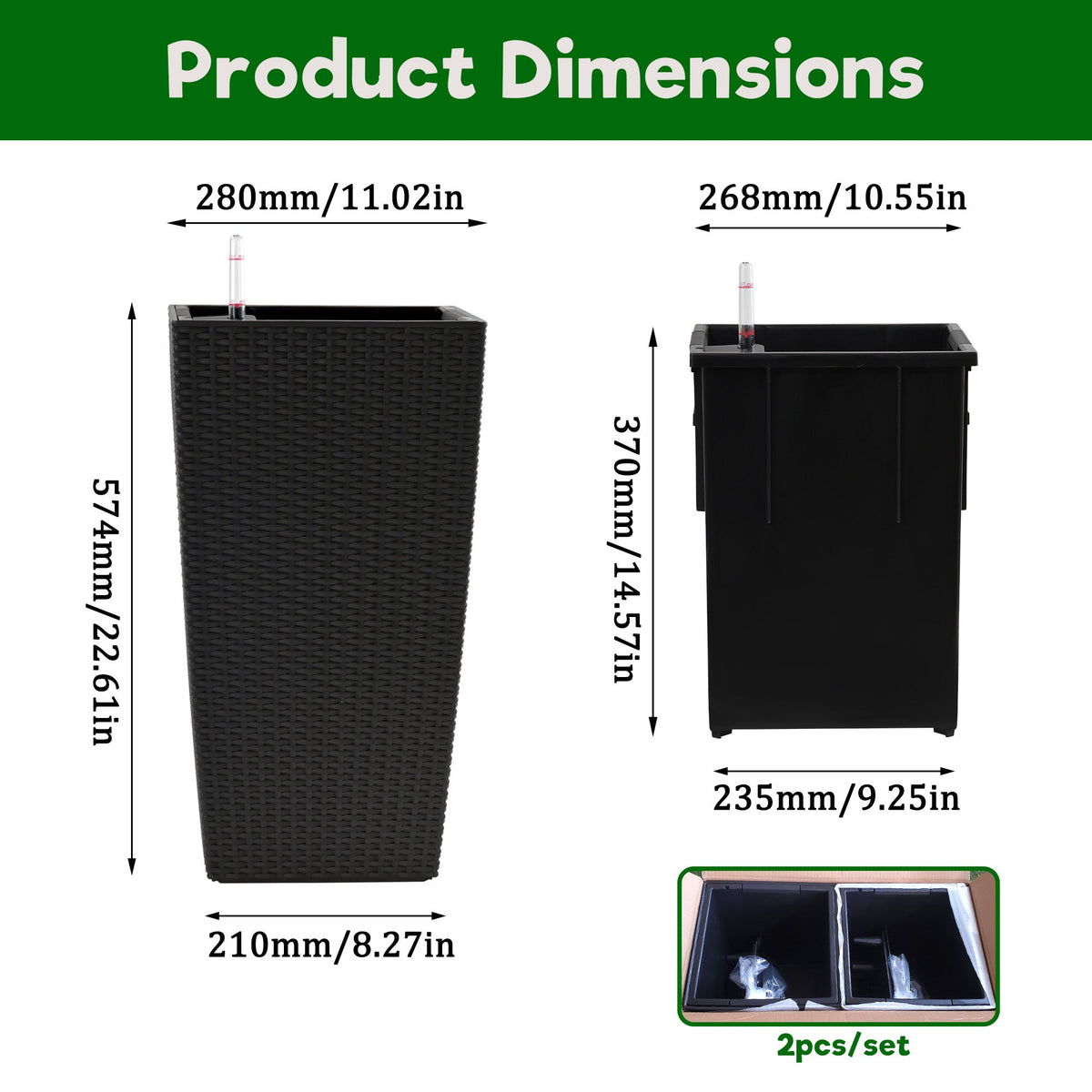 Pack of 2 square planters with automatic watering system, black wicker-textured planters by HouseOfZazla on Tampa Home & Garden Store