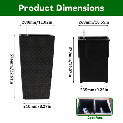 Pack of 2 square planters with automatic watering system, black wicker-textured planters by HouseOfZazla on Tampa Home & Garden Store
