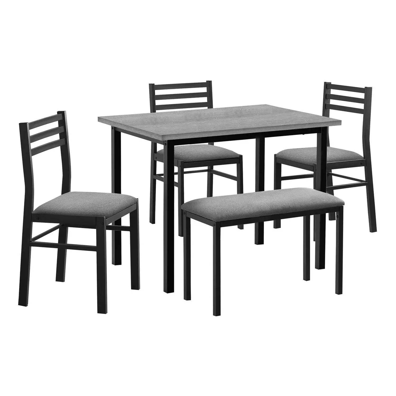 5-piece dining set with black frames and grey cushions; includes 4 chairs and a bench on Tampa Home & Garden Store