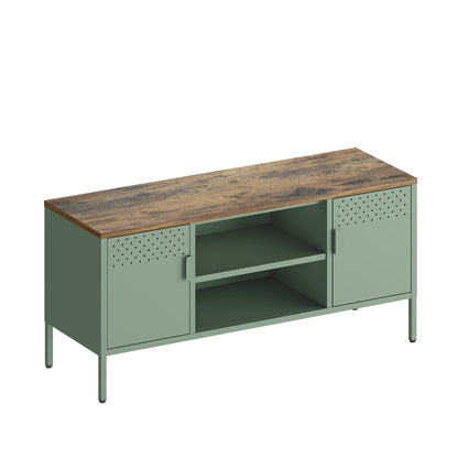 Storage Cabinet TV Stand with steel frame, green body, wood top and dual perforated cabinets on Tampa Home & Garden Store