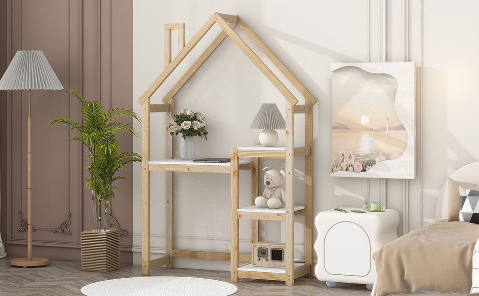House-shaped Wooden writing Desk Kids study Table Bookshelf & Toy Storage Natural - Tampa Home & Garden Store