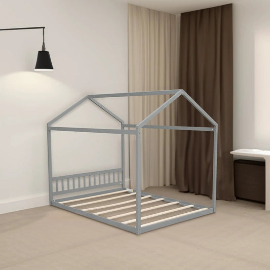 Queen Size gray metal house bed frame with slatted base, beige curtain backdrop on Tampa Home & Garden Store