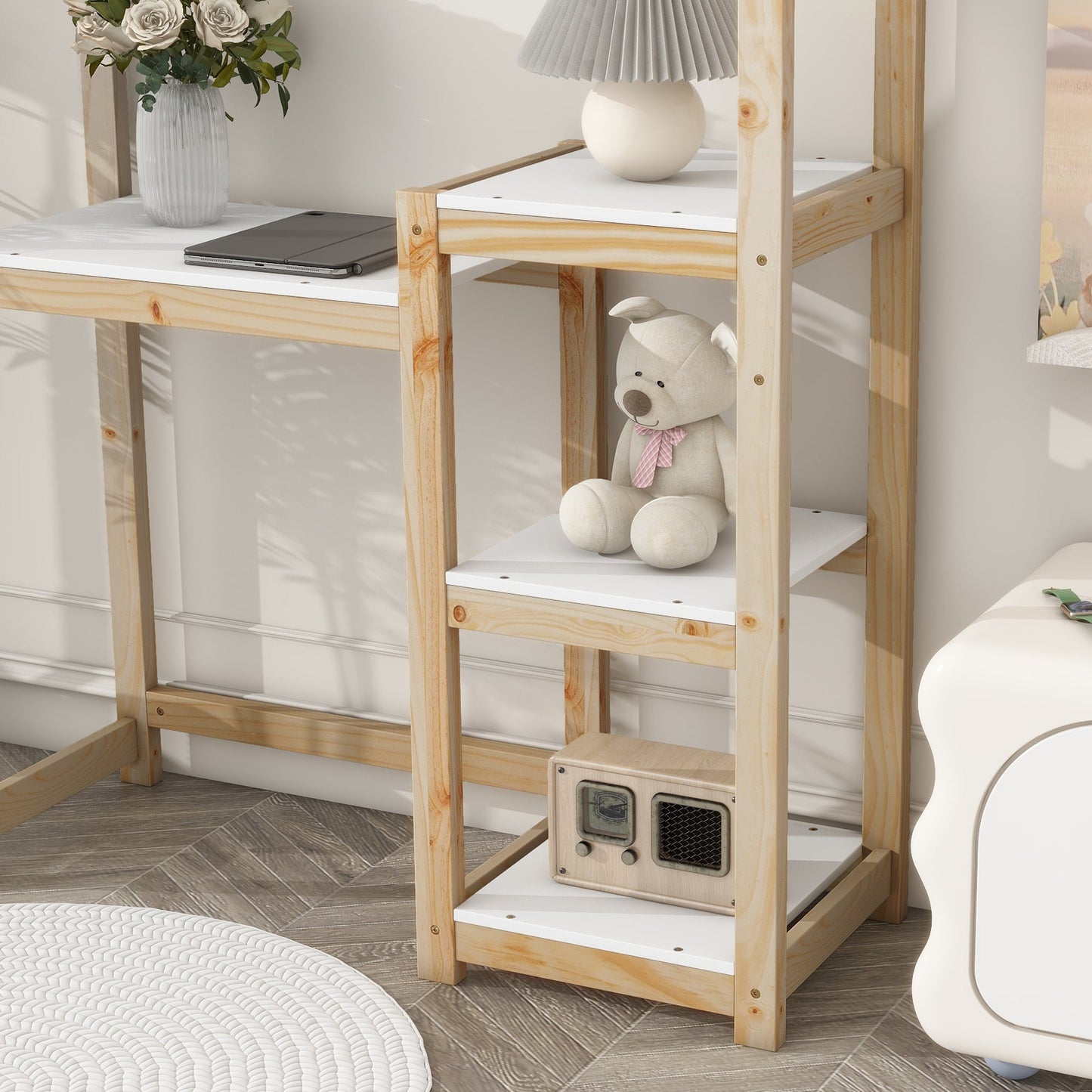 House-shaped Wooden writing Desk Kids study Table Bookshelf & Toy Storage Natural - Tampa Home & Garden Store