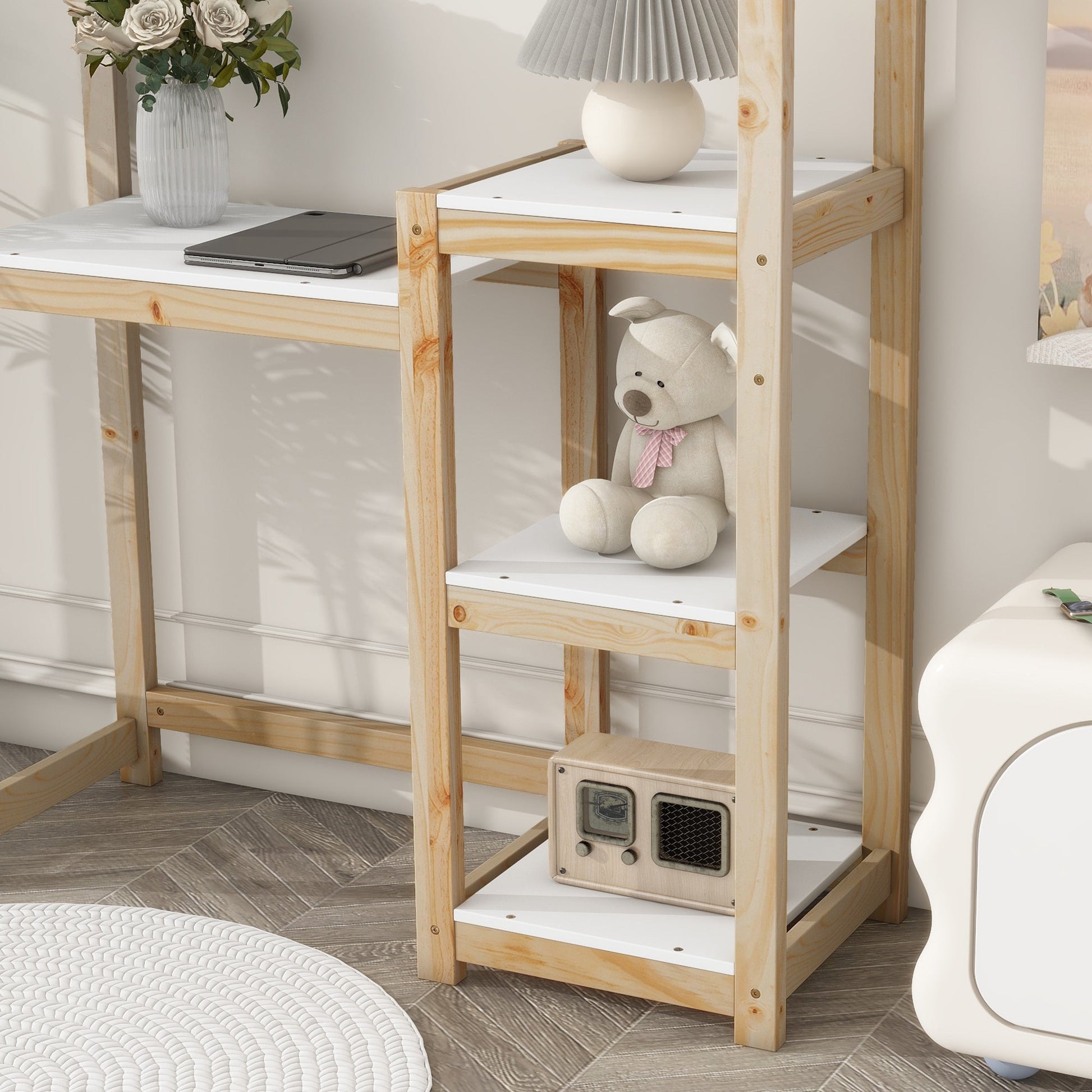 House-shaped Wooden writing Desk Kids study Table Bookshelf & Toy Storage Natural - Tampa Home & Garden Store