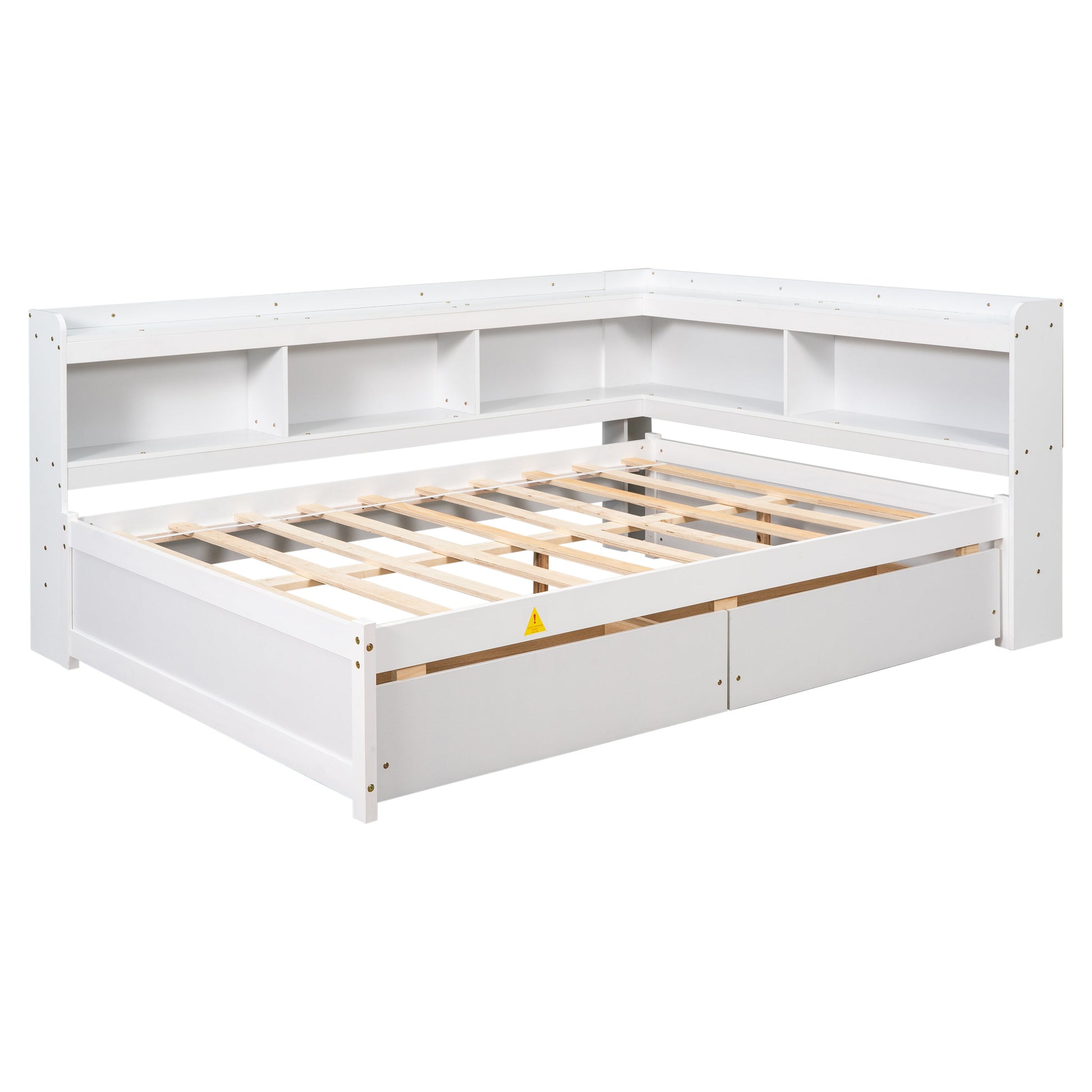 Full Bed with L-shaped Bookcases, Drawers ,White - Tampa Home & Garden Store