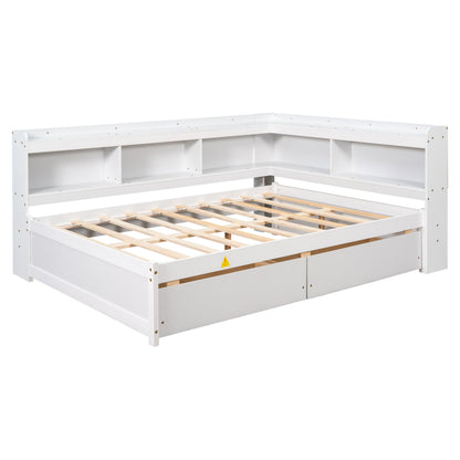 Full Bed with L-shaped Bookcases, Drawers ,White - Tampa Home & Garden Store