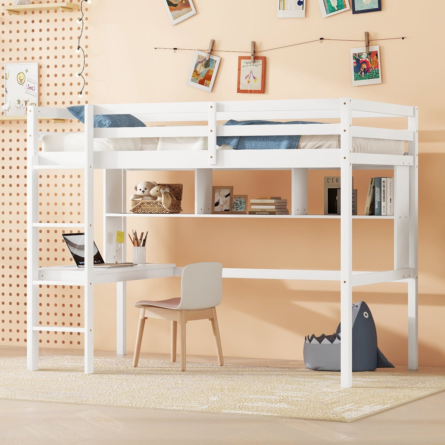 Twin Loft Bed with built-in desk and bookcase of three compartments, Guardrails and Ladder,White - Tampa Home & Garden Store