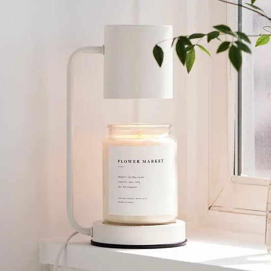 Nordic Wax Melting Lamp Dimmable Table Warmer with white metal stand and Flower Market candle on Tampa Home & Garden Store