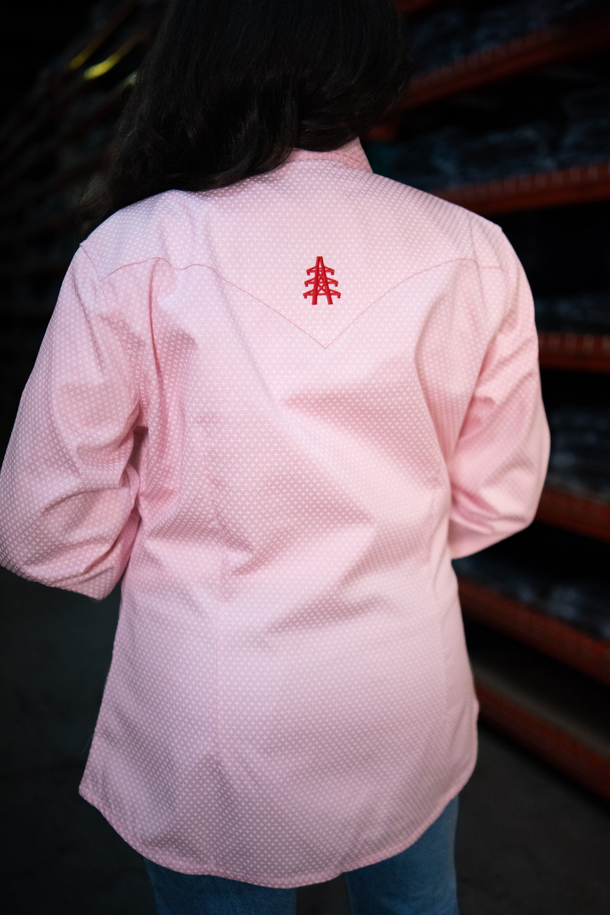 Women's FR Pearl Snap Ignite Pink work shirt Static FR, pink dotted fabric with red back logo on Tampa Home & Garden Store
